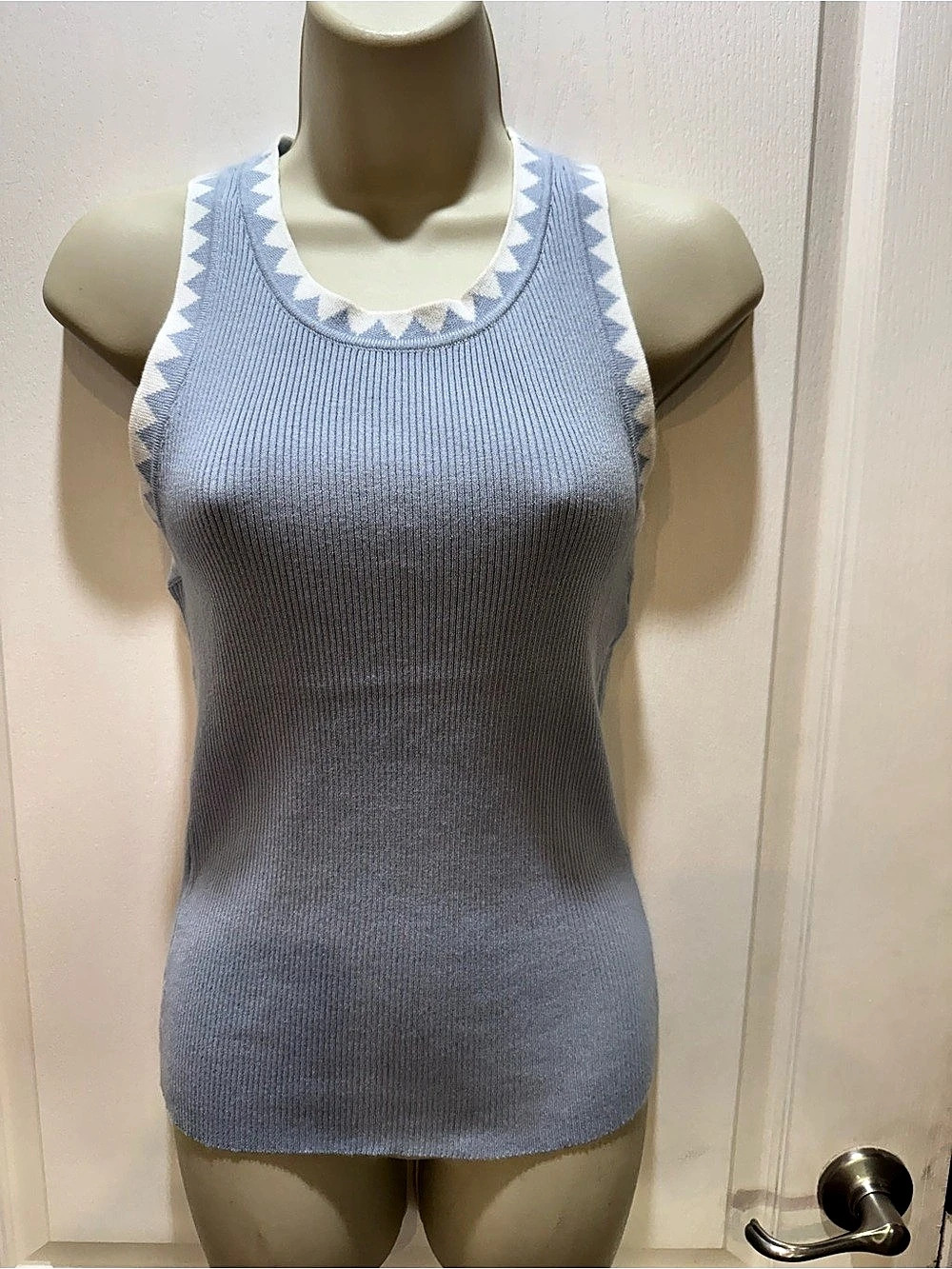 Merokeety Blue Geometric Trim Ribbed Tank Top Like New